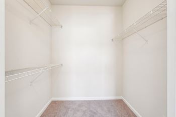 A white closet with a carpeted floor and two shelves.